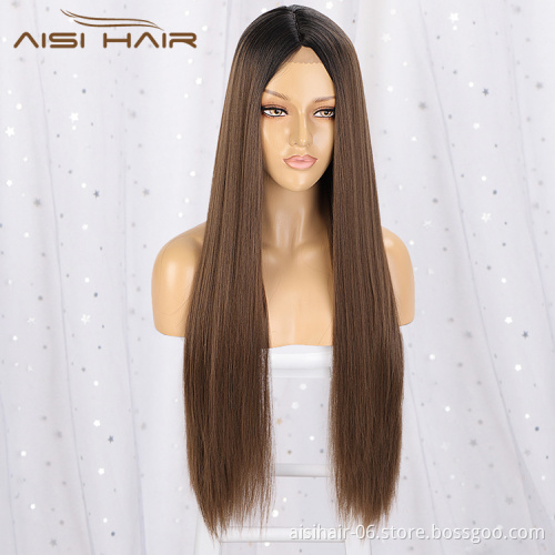 Aisi Hair 26 Inch Long Silky Straight Swiss Lace Wig Wholesale Middle Part Ombre Brown Synthetic Hair Wigs For Black Women